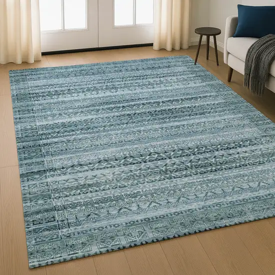 Sage And Blue Striped Washable Area Rug With UV Protection Photo 5