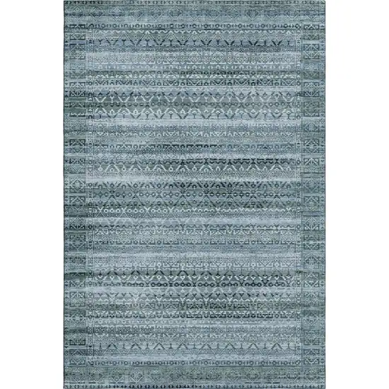Sage And Blue Striped Washable Area Rug With UV Protection Photo 1