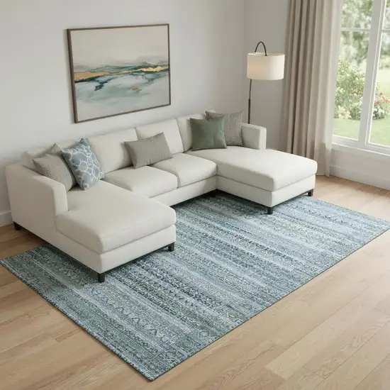 Sage And Blue Striped Washable Area Rug With UV Protection Photo 2