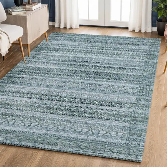 Sage And Blue Striped Washable Area Rug With UV Protection Photo 6