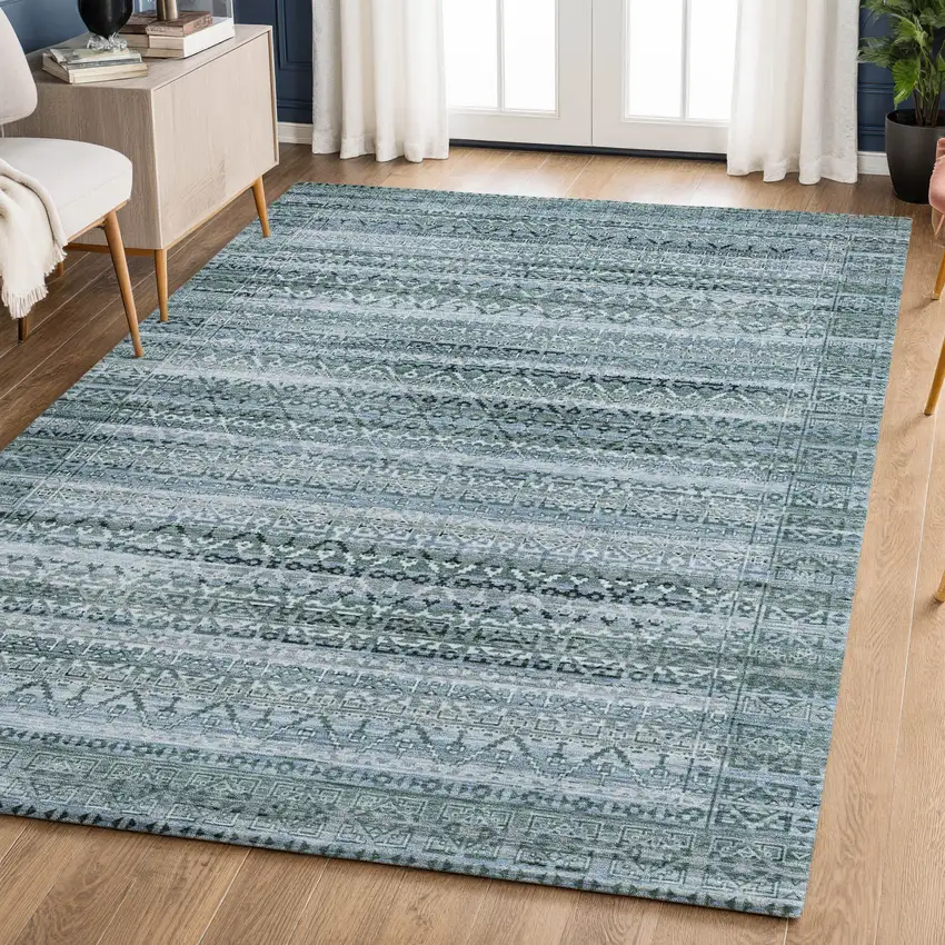 Sage And Blue Striped Washable Area Rug With UV Protection Photo 6