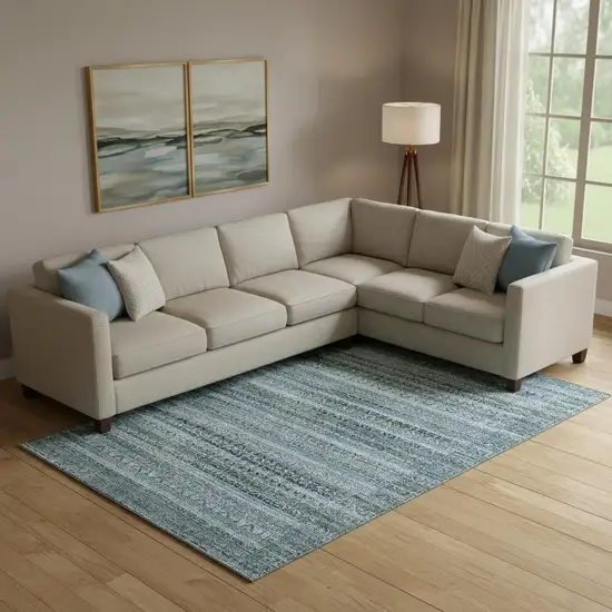 Sage And Blue Striped Washable Area Rug With UV Protection Photo 2