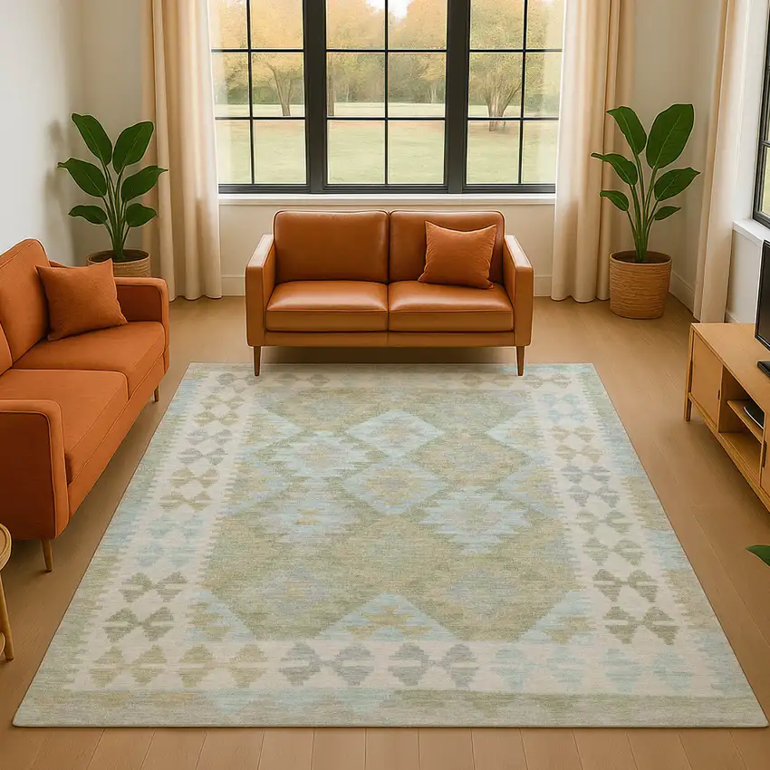Sage And Blue Tribal Washable Area Rug With UV Protection Photo 5