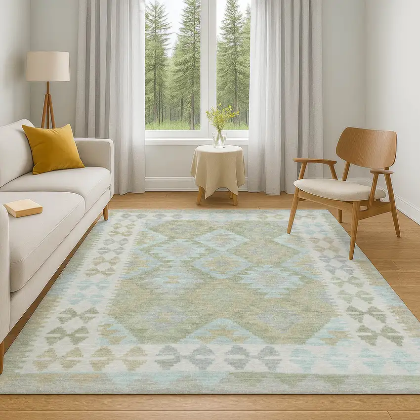 Sage And Blue Tribal Washable Area Rug With UV Protection Photo 6