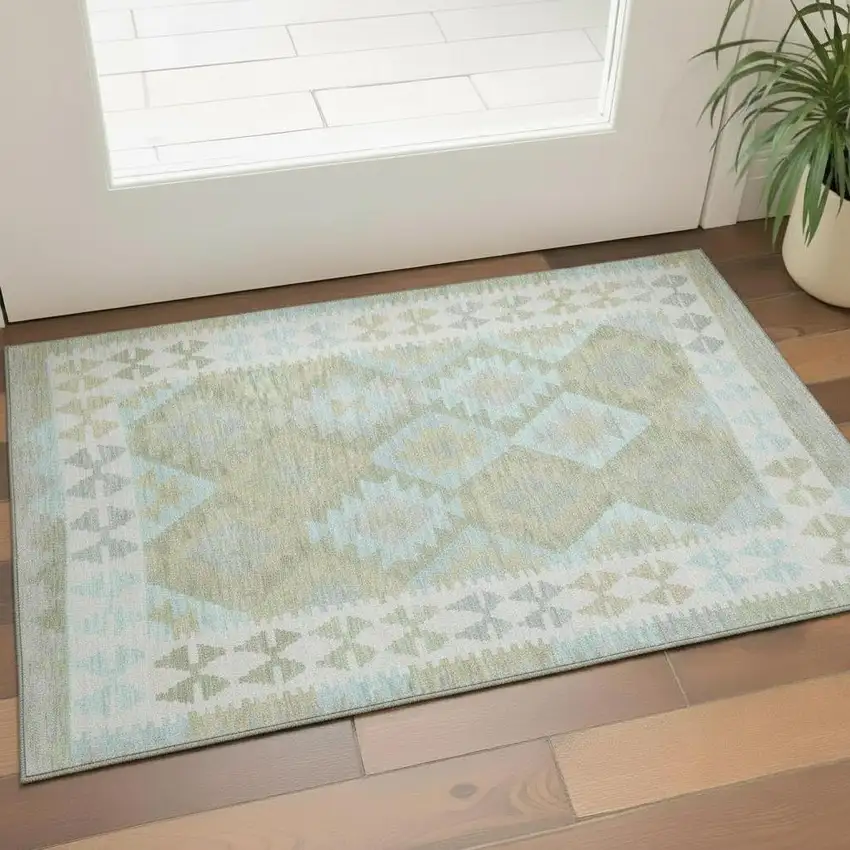 Sage And Blue Tribal Washable Area Rug With UV Protection Photo 2