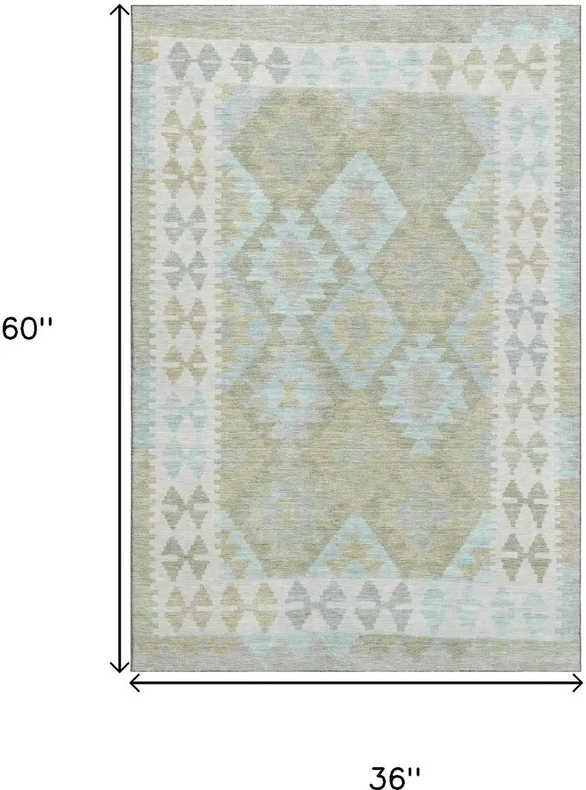 Sage And Blue Tribal Washable Area Rug With UV Protection Photo 9