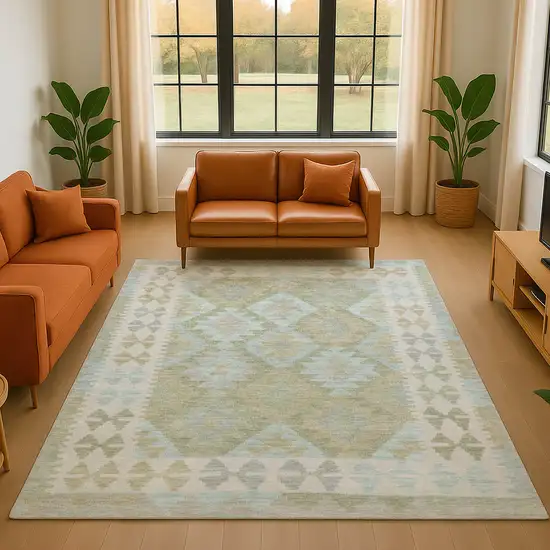 Sage And Blue Tribal Washable Area Rug With UV Protection Photo 5