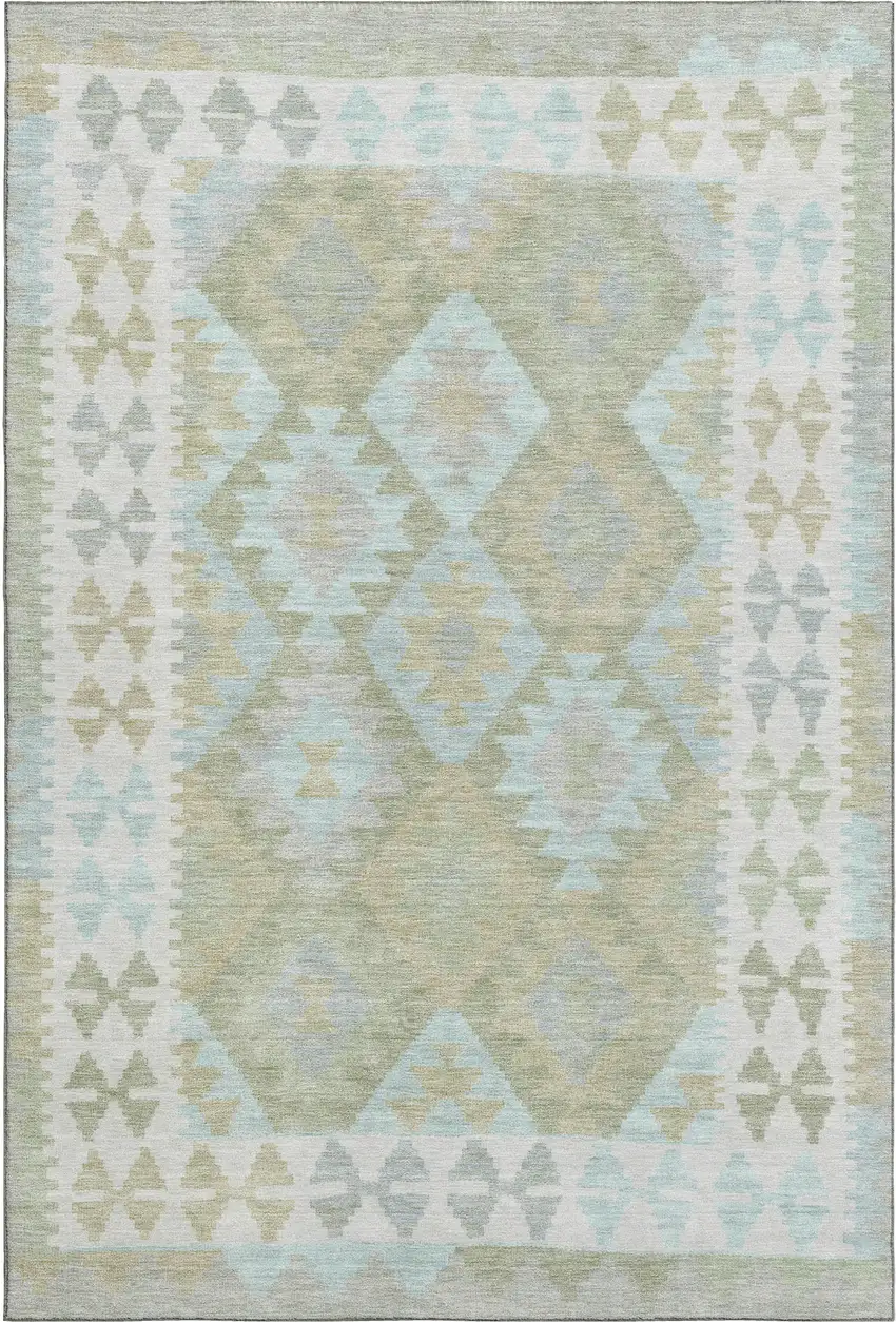 Sage And Blue Tribal Washable Area Rug With UV Protection Photo 1