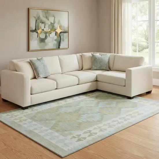 Sage And Blue Tribal Washable Area Rug With UV Protection Photo 2