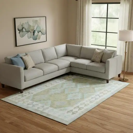 Sage And Blue Tribal Washable Area Rug With UV Protection Photo 2