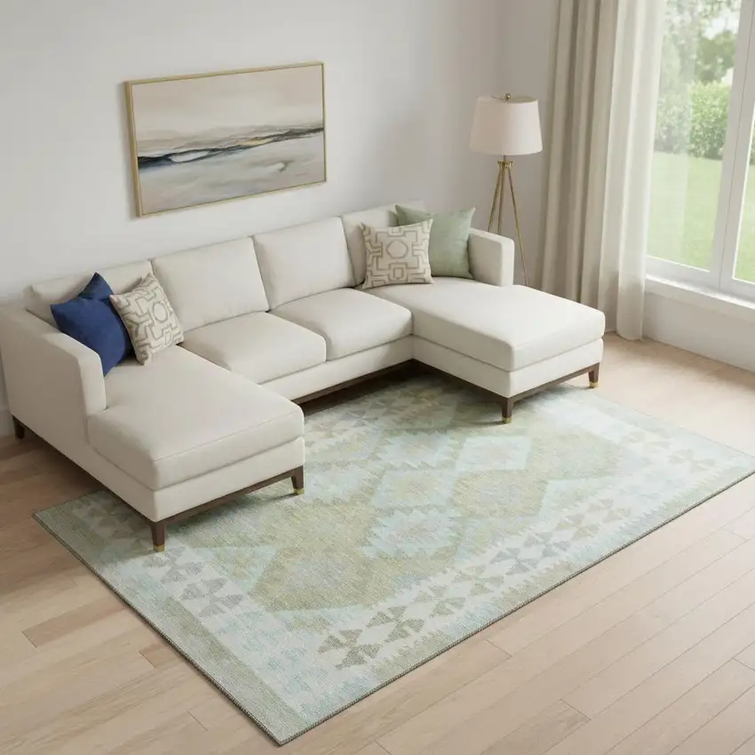 Sage And Blue Tribal Washable Area Rug With UV Protection Photo 2