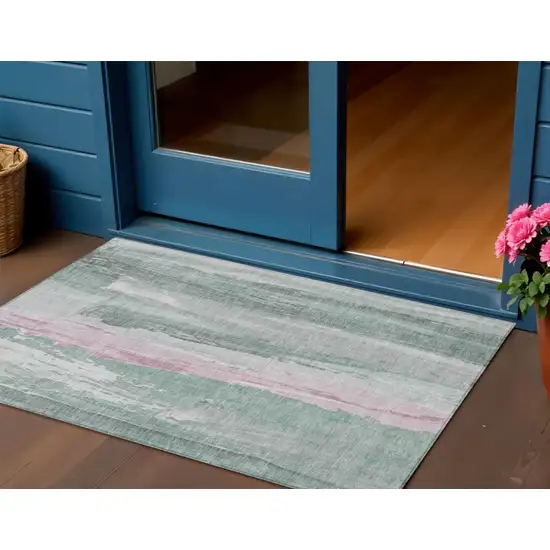 Sage And Blush Abstract Washable Indoor Outdoor Area Rug Photo 2
