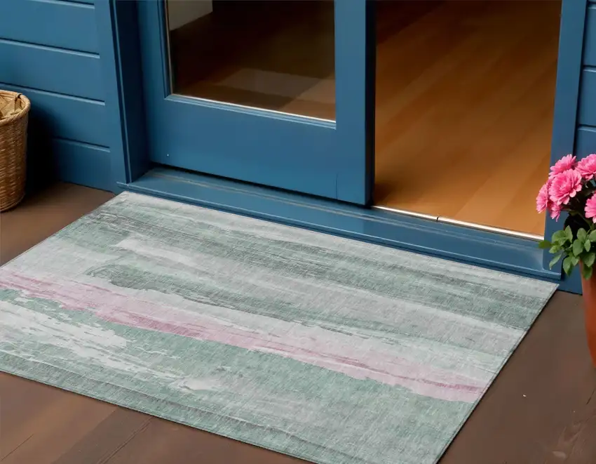 Sage And Blush Abstract Washable Indoor Outdoor Area Rug Photo 2