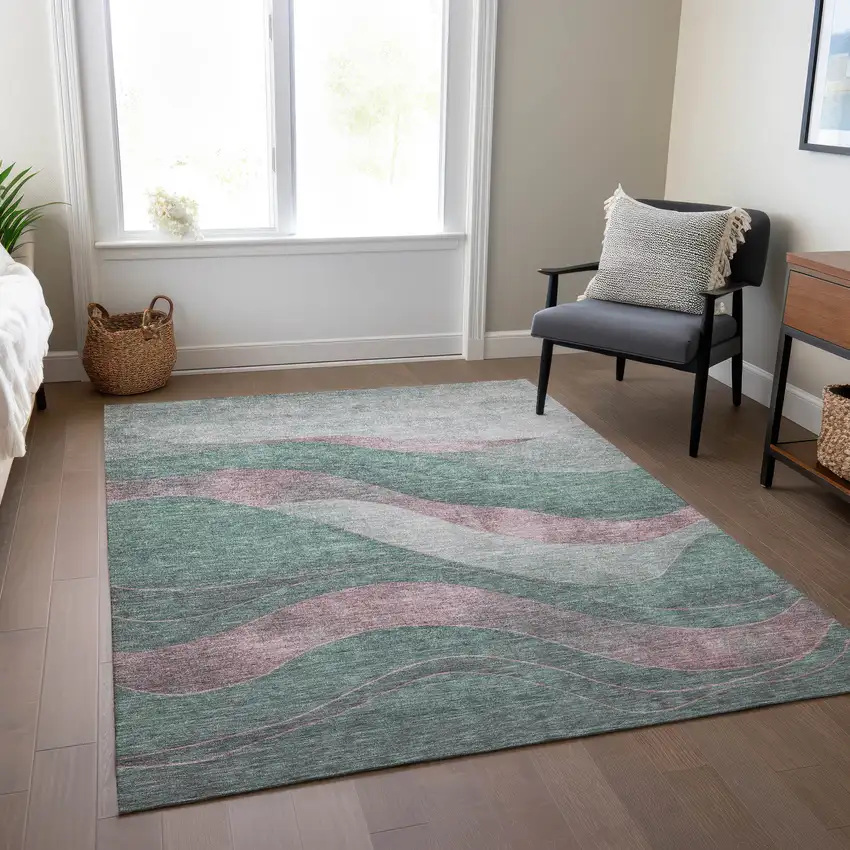 Sage And Blush Abstract Washable Indoor Outdoor Area Rug Photo 6