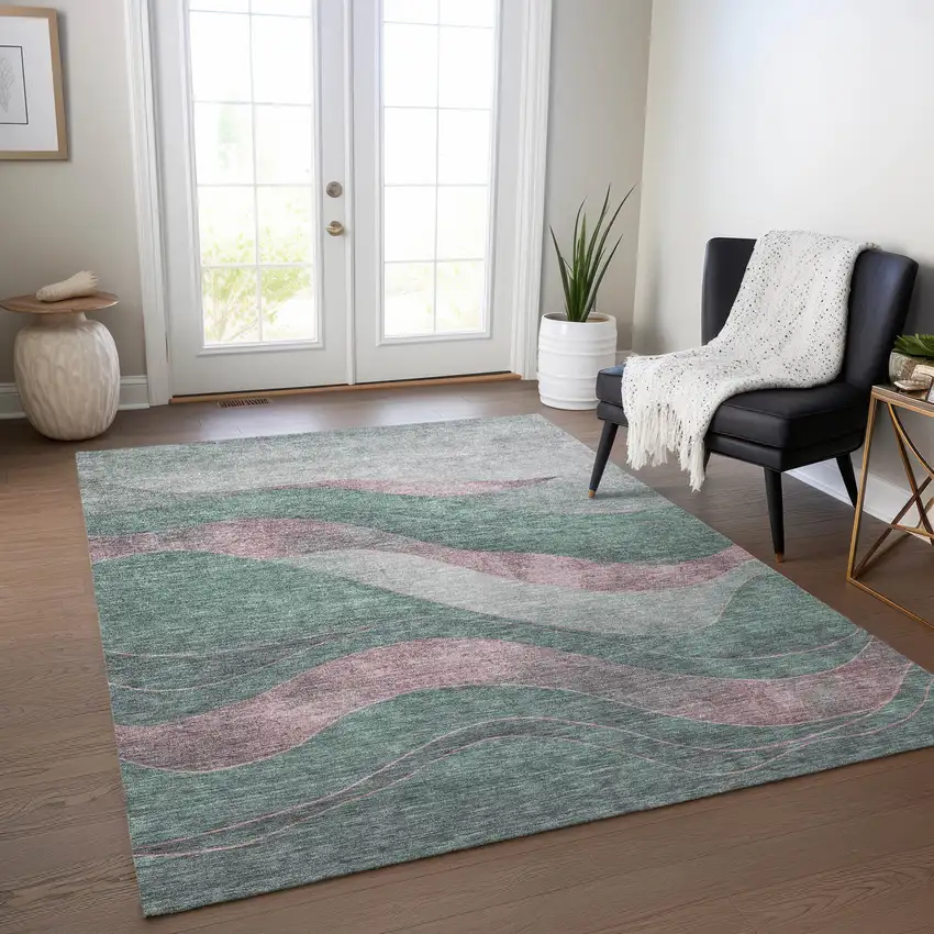 Sage And Blush Abstract Washable Indoor Outdoor Area Rug Photo 6