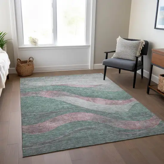 Sage And Blush Abstract Washable Indoor Outdoor Area Rug Photo 7