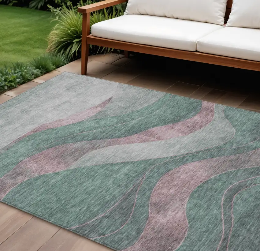 Sage And Blush Abstract Washable Indoor Outdoor Area Rug Photo 2