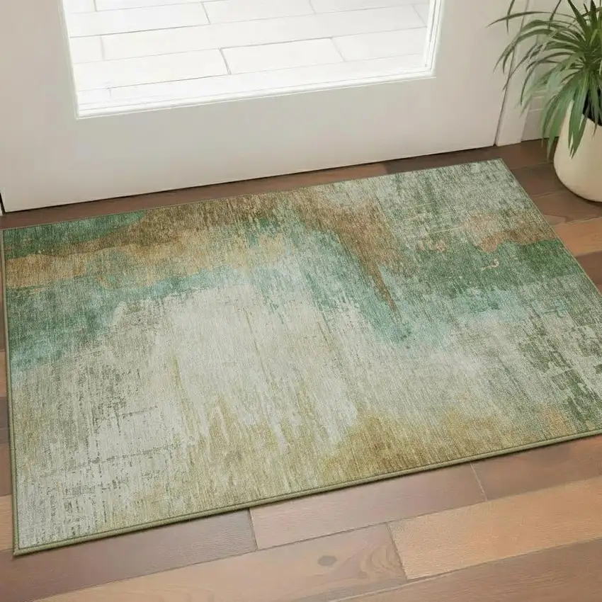 Sage And Brown Abstract Washable Area Rug With UV Protection Photo 2