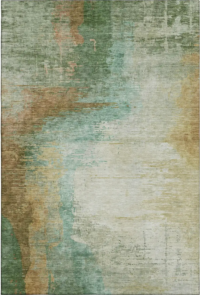 Sage And Brown Abstract Washable Area Rug With UV Protection Photo 1