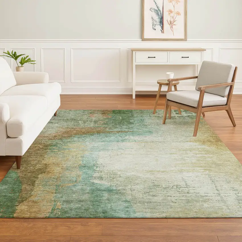 Sage And Brown Abstract Washable Area Rug With UV Protection Photo 5