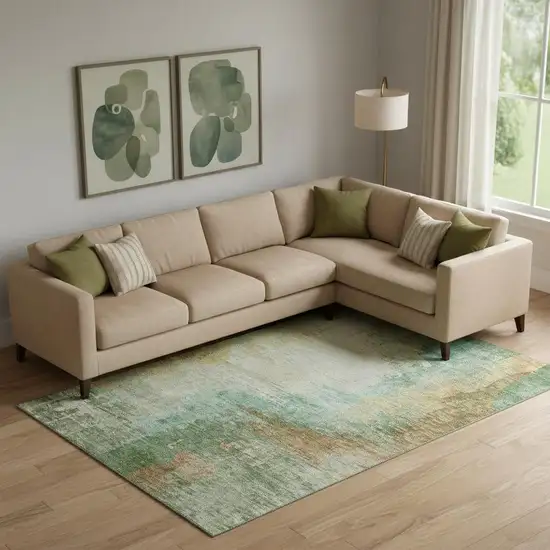 Sage And Brown Abstract Washable Area Rug With UV Protection Photo 2