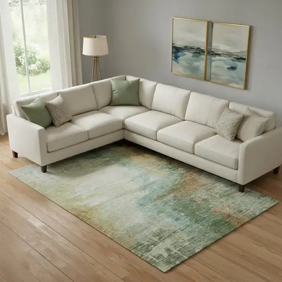 Sage And Brown Abstract Washable Area Rug With UV Protection Photo 2