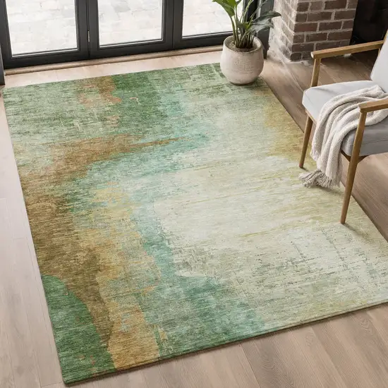 Sage And Brown Abstract Washable Area Rug With UV Protection Photo 3