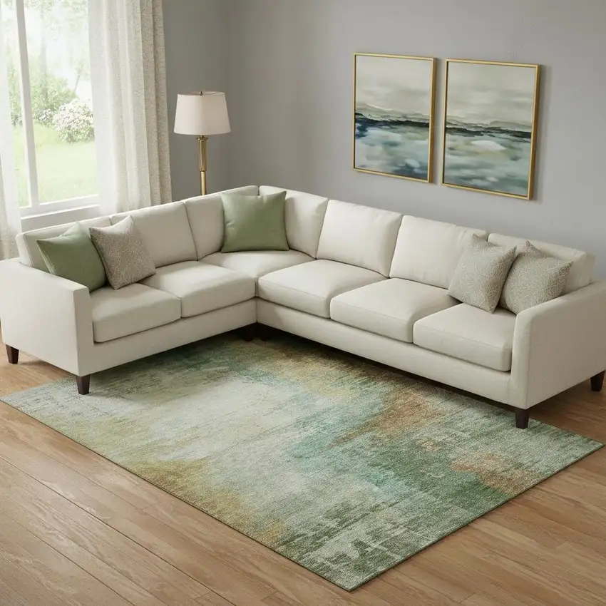Sage And Brown Abstract Washable Area Rug With UV Protection Photo 2