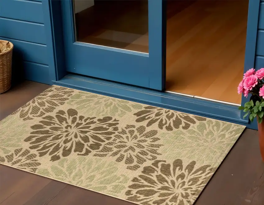 Sage And Brown Floral Indoor Outdoor Area Rug Photo 1
