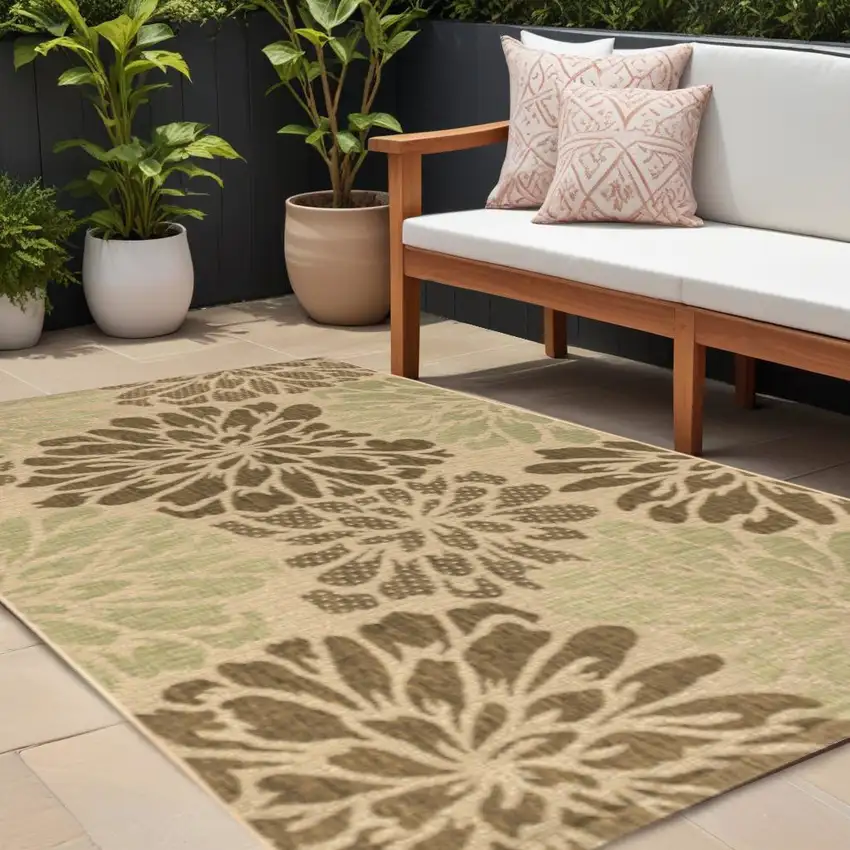 Sage And Brown Floral Indoor Outdoor Area Rug Photo 1