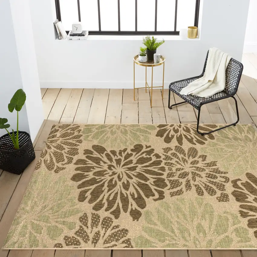 Sage And Brown Floral Indoor Outdoor Area Rug Photo 9
