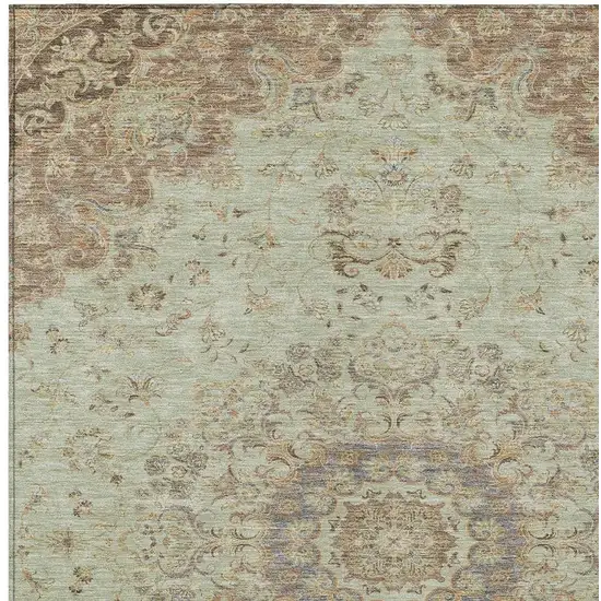 Sage And Brown Floral Medallion Washable Indoor Outdoor Area Rug Photo 2