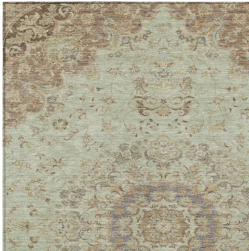 Sage And Brown Floral Medallion Washable Indoor Outdoor Area Rug Photo 2
