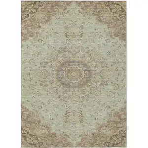 Photo of Sage And Brown Floral Medallion Washable Indoor Outdoor Area Rug