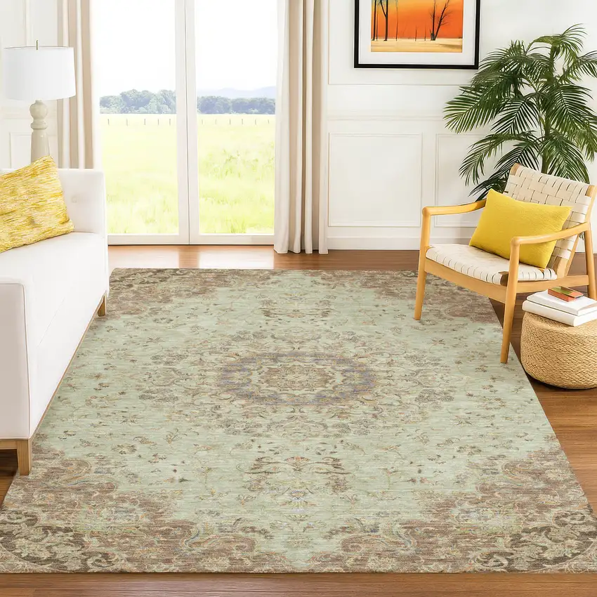 Sage And Brown Floral Medallion Washable Indoor Outdoor Area Rug Photo 6