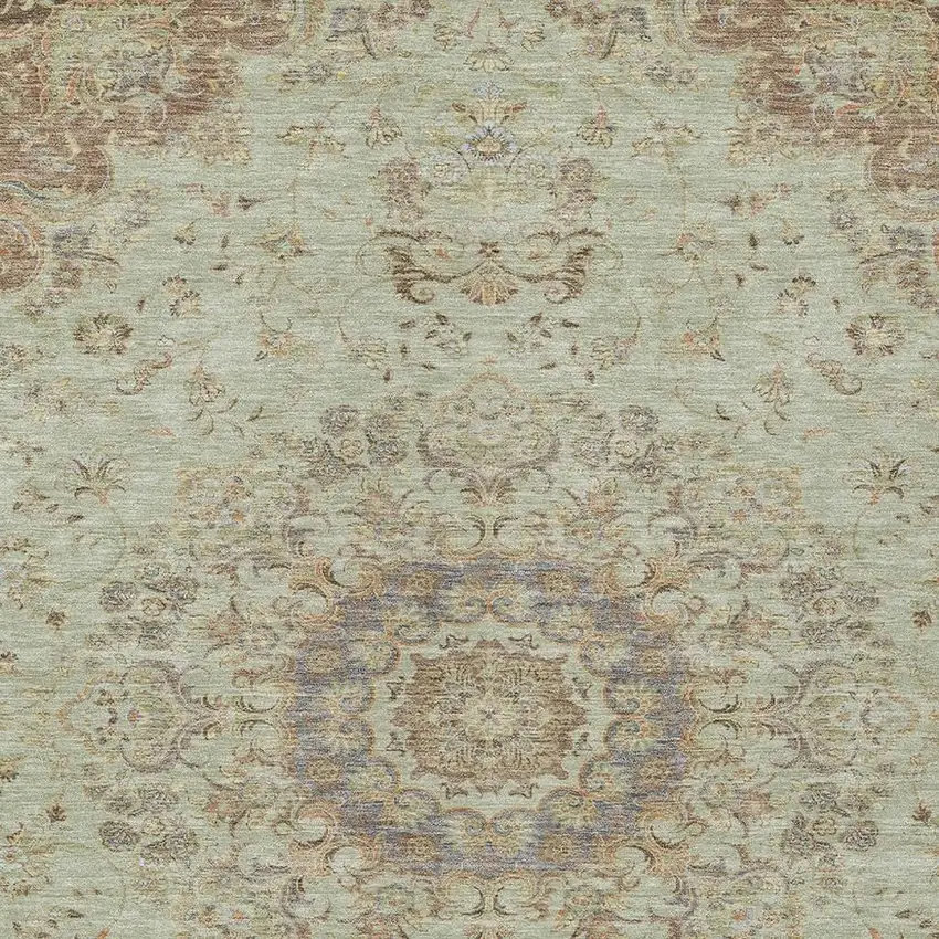 Sage And Brown Floral Medallion Washable Indoor Outdoor Area Rug Photo 2