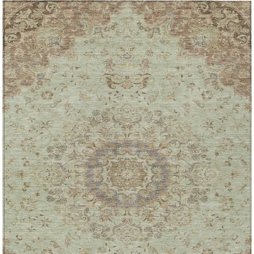 Sage And Brown Floral Medallion Washable Indoor Outdoor Area Rug Photo 3