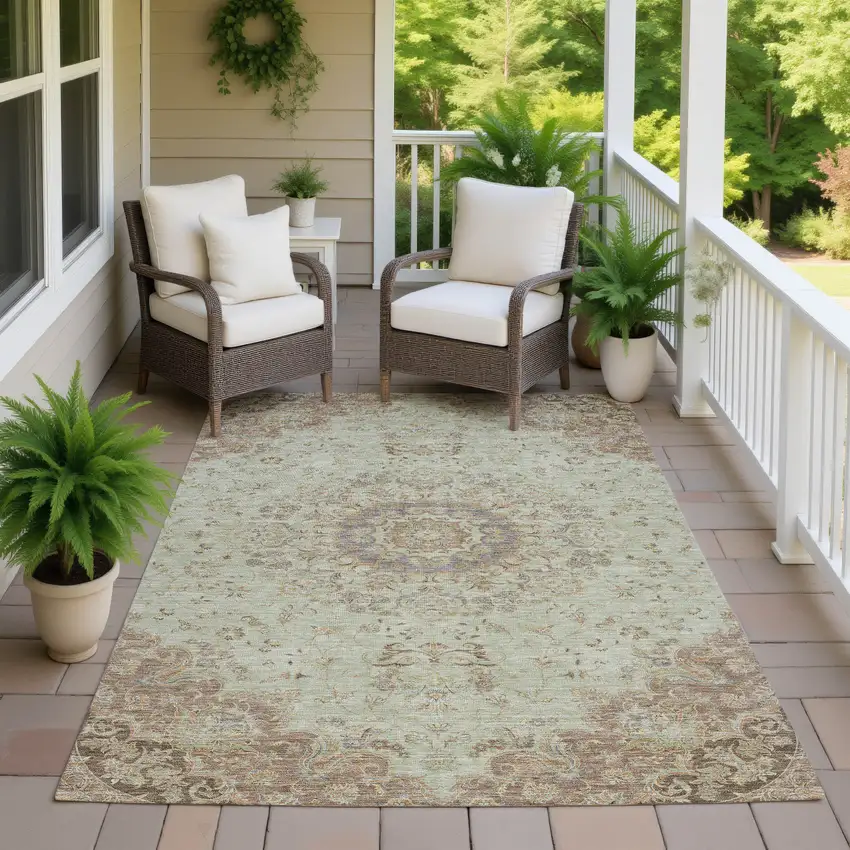 Sage And Brown Floral Medallion Washable Indoor Outdoor Area Rug Photo 7