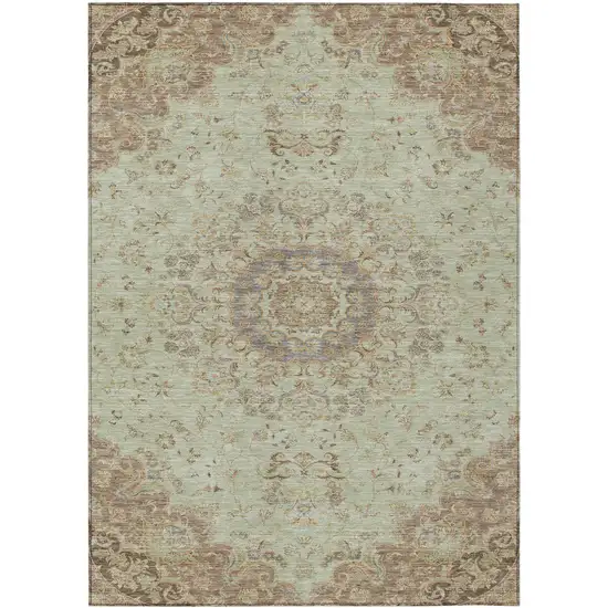 Sage And Brown Floral Medallion Washable Indoor Outdoor Area Rug Photo 1