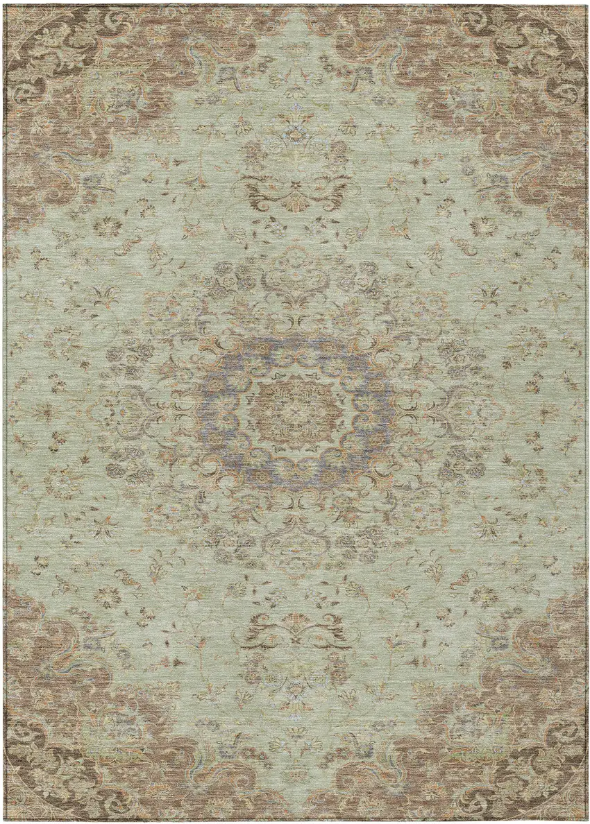Sage And Brown Floral Medallion Washable Indoor Outdoor Area Rug Photo 1