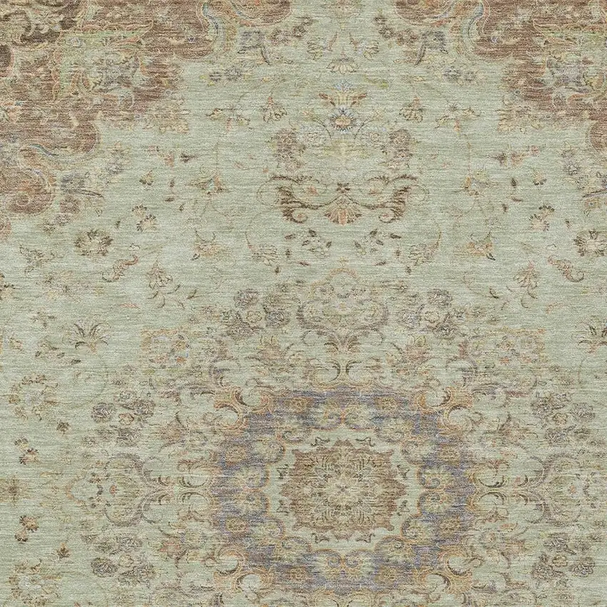 Sage And Brown Floral Medallion Washable Indoor Outdoor Area Rug Photo 2