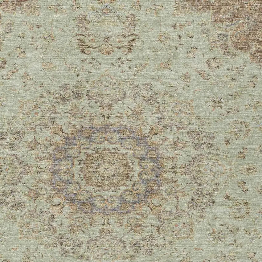 Sage And Brown Floral Medallion Washable Indoor Outdoor Area Rug Photo 2
