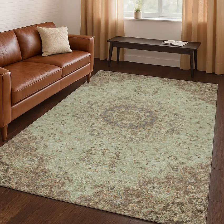 Sage And Brown Floral Medallion Washable Indoor Outdoor Area Rug Photo 5