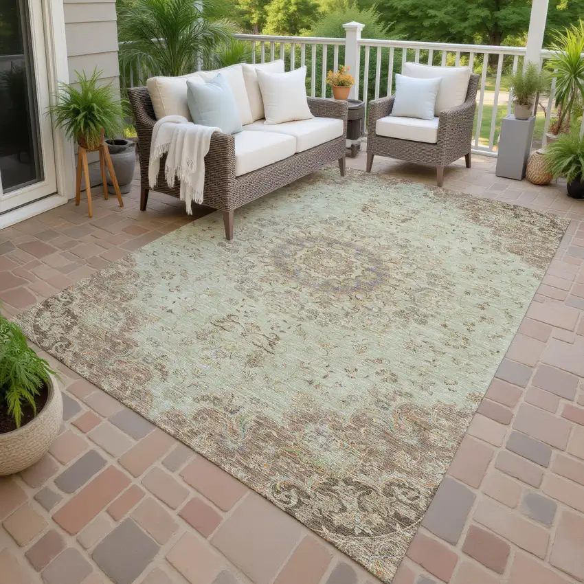Sage And Brown Floral Medallion Washable Indoor Outdoor Area Rug Photo 4