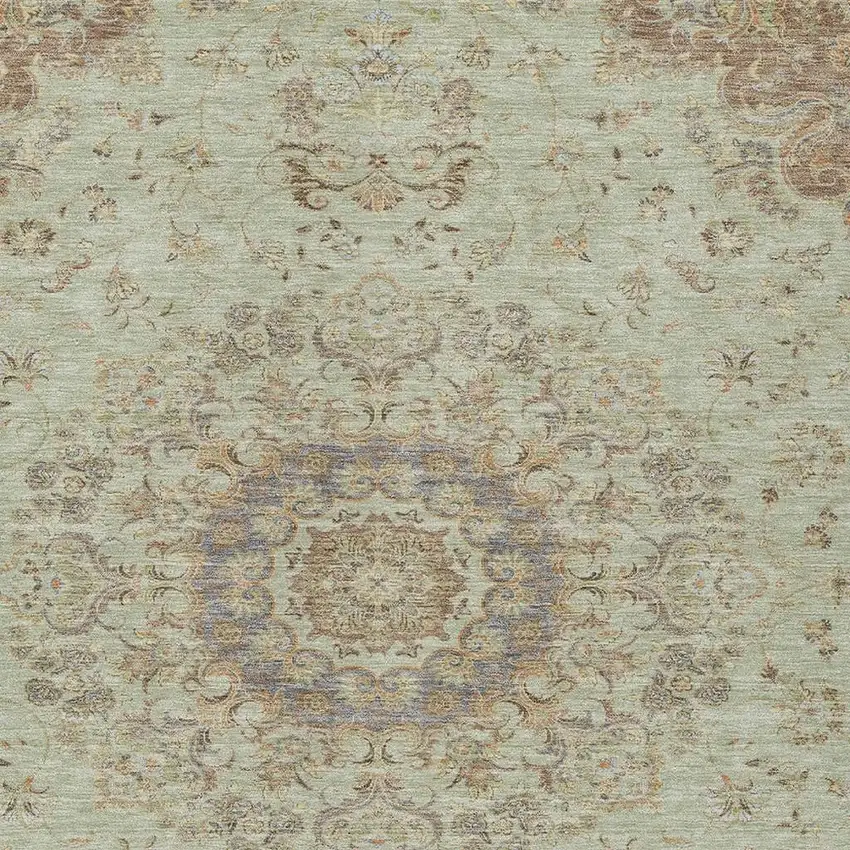 Sage And Brown Floral Medallion Washable Indoor Outdoor Area Rug Photo 2