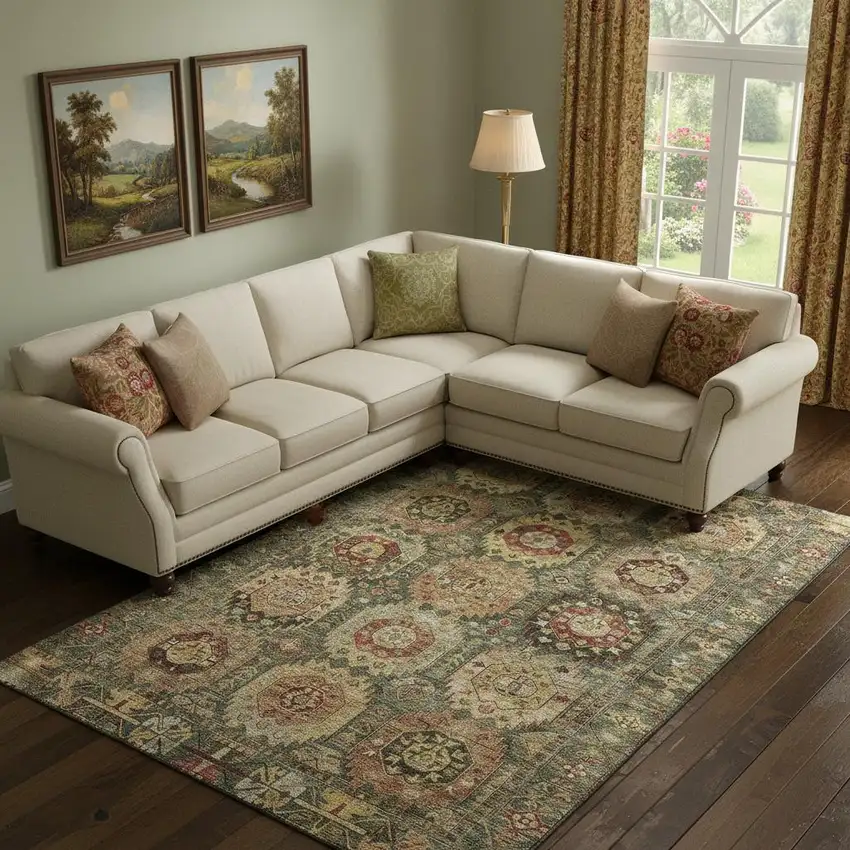 Sage And Copper Medallion Washable Area Rug With UV Protection Photo 2