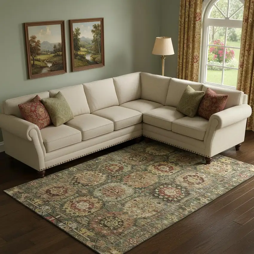 Sage And Copper Medallion Washable Area Rug With UV Protection Photo 2