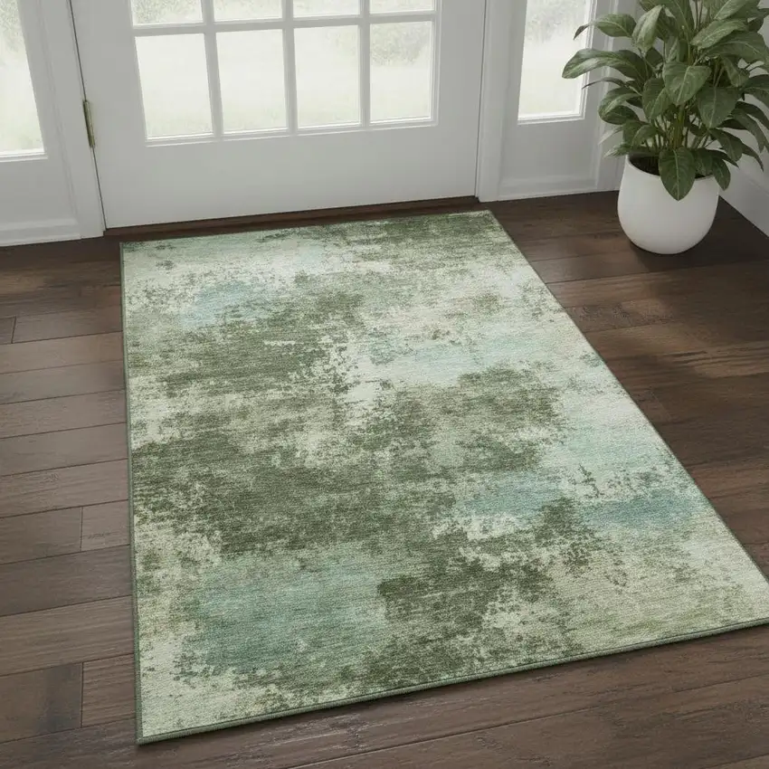Sage And Fern Green Abstract Washable Area Rug With UV Protection Photo 2