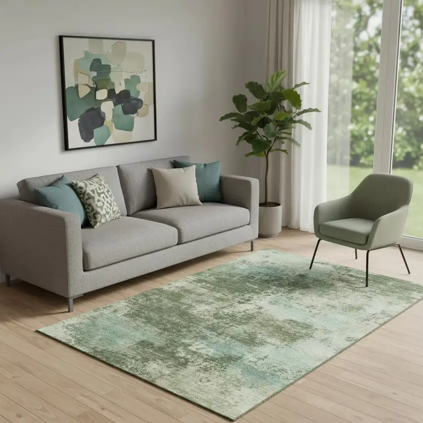 Sage And Fern Green Abstract Washable Area Rug With UV Protection Photo 2