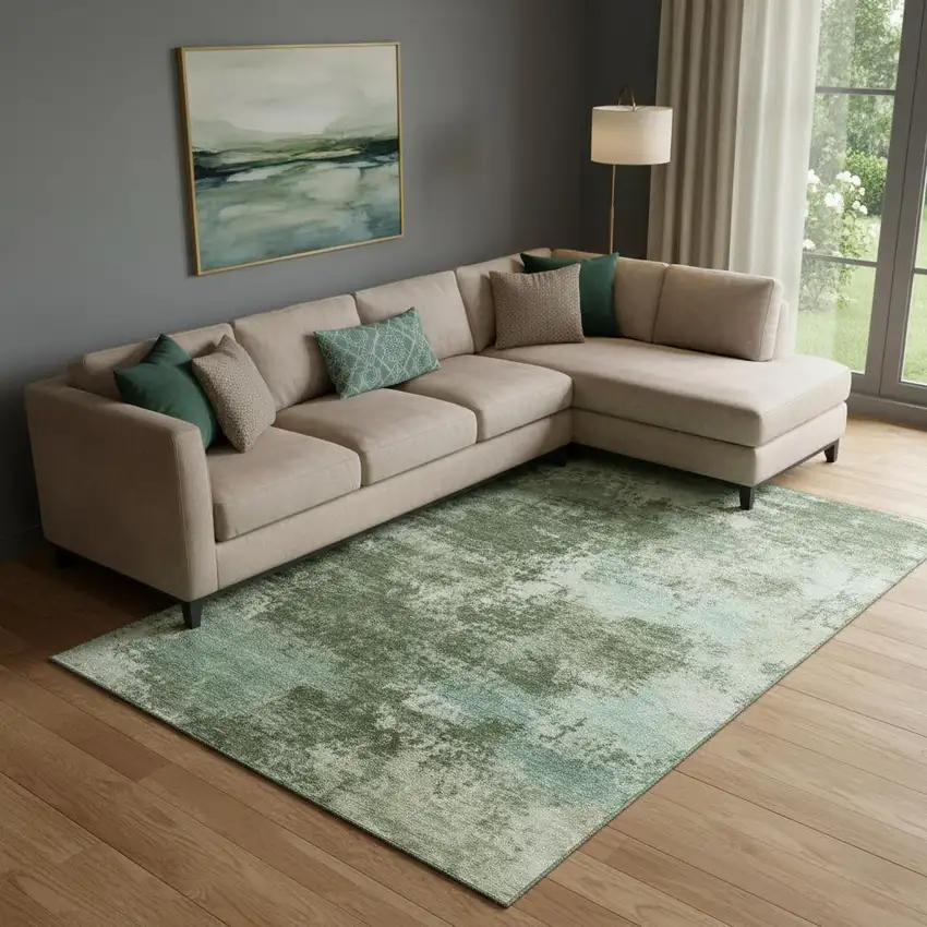 Sage And Fern Green Abstract Washable Area Rug With UV Protection Photo 2